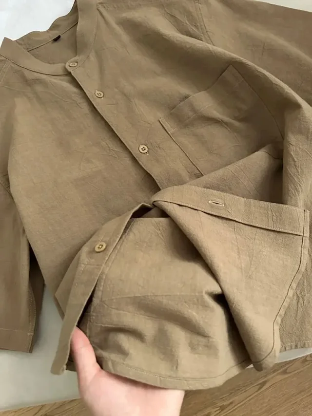 Men's Bamboo-Cotton Short Sleeve Mandarin Shirt Detail