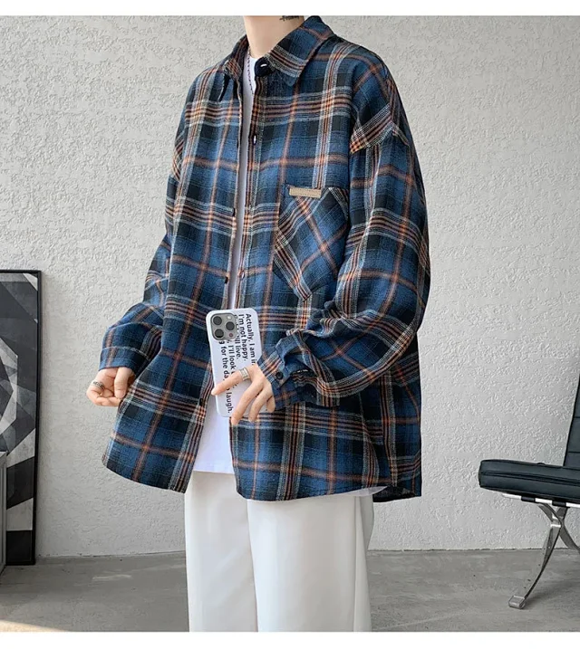 Men's Japanese Brushed Plaid Warm Shirt Jacket Detail