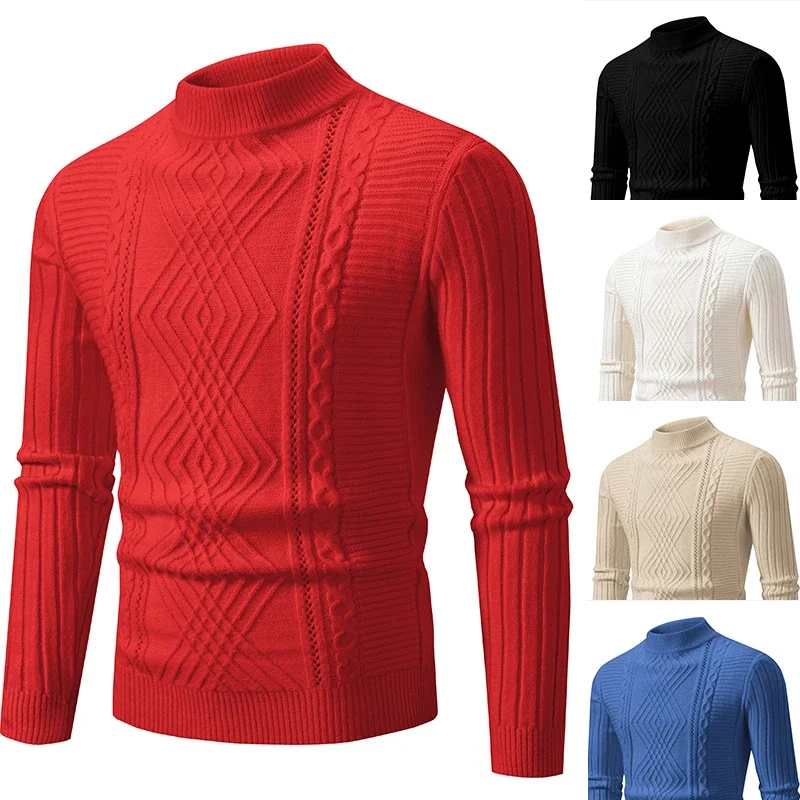 Men's Retro Solid Mock Neck Sweater