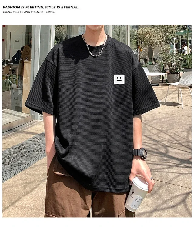 Smile Embroidered Men's Summer Waffle Tee Detail