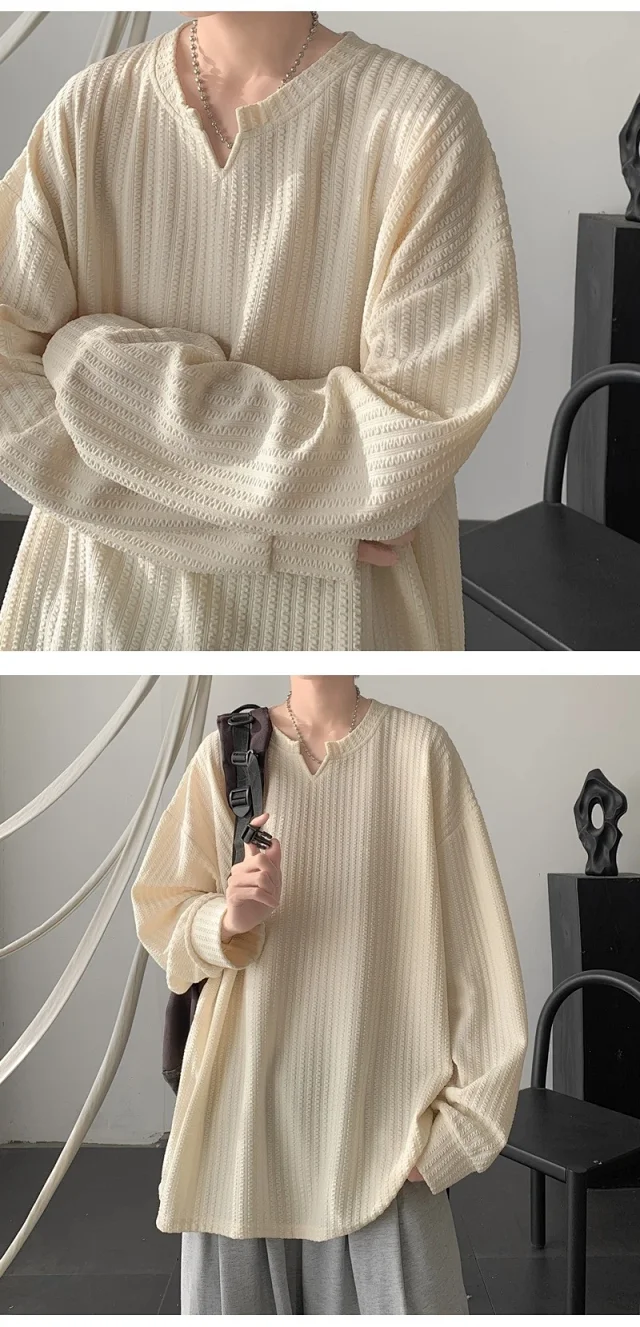 Men's High-Street V-Neck Heavyweight Sweatshirt White Detail