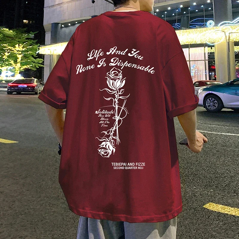 Unisex Burgundy Cotton Rose Print Tee