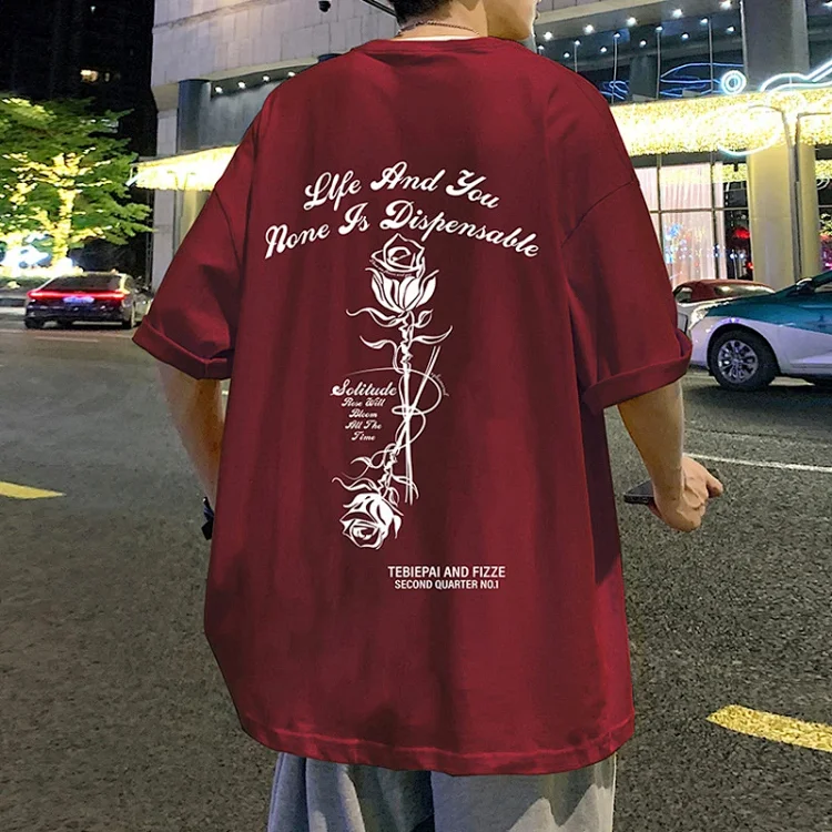 Unisex Burgundy Cotton Rose Print Tee