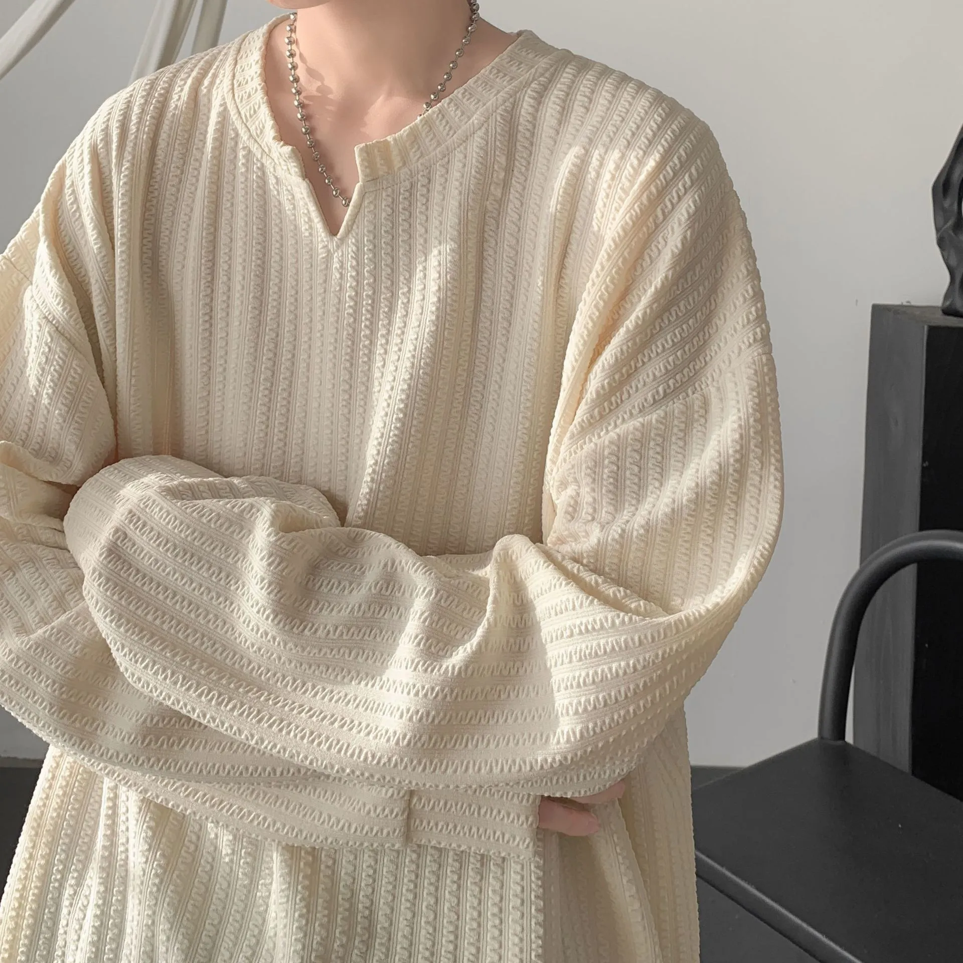 Men's High-Street V-Neck Heavyweight Sweatshirt White