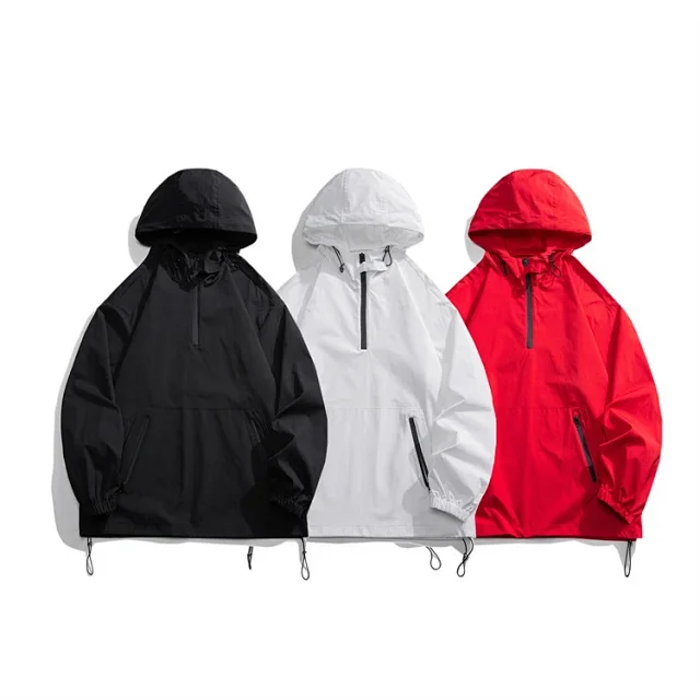 Men's Loose Fit Hooded Half-Zip Windbreaker Detail