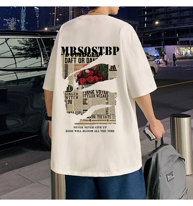 Men's Oversized Cotton Tee 2025 Rose-Print Detail
