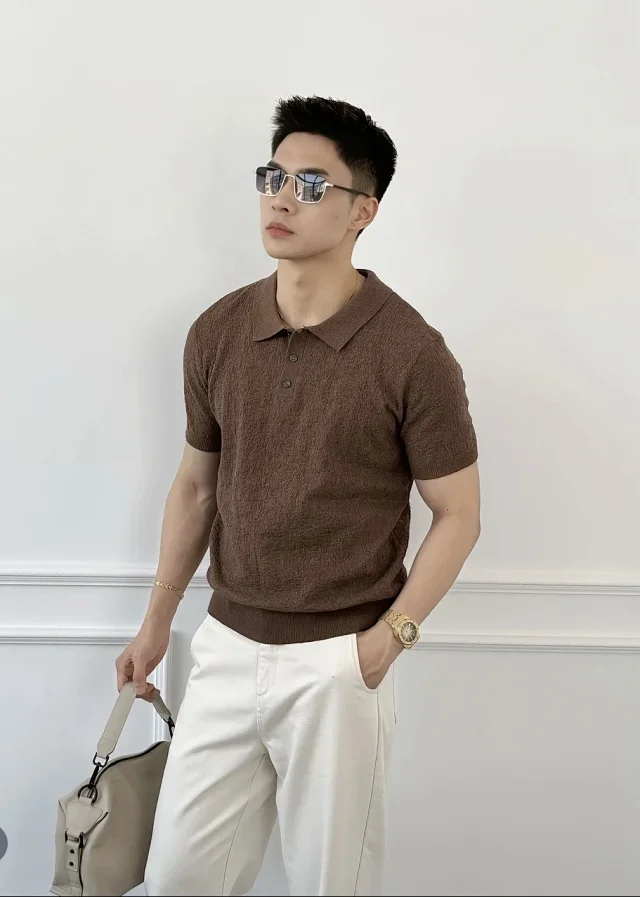 Men's Textured Knit Polo Summer Brown Detail
