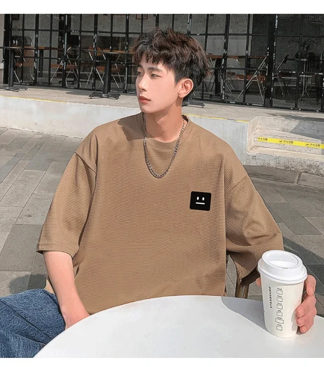 Smile Embroidered Men's Summer Waffle Tee Detail