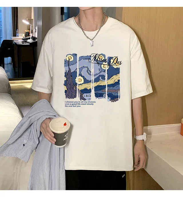 Starry Night Men's Loose Cotton T-Shirt Detail