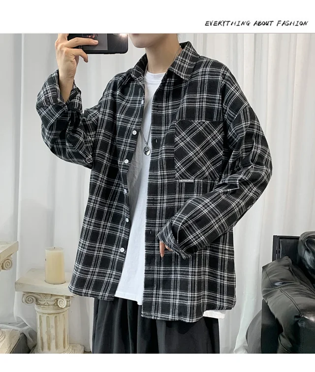 Men's Casual Retro Brushed Plaid Overshirt Detail