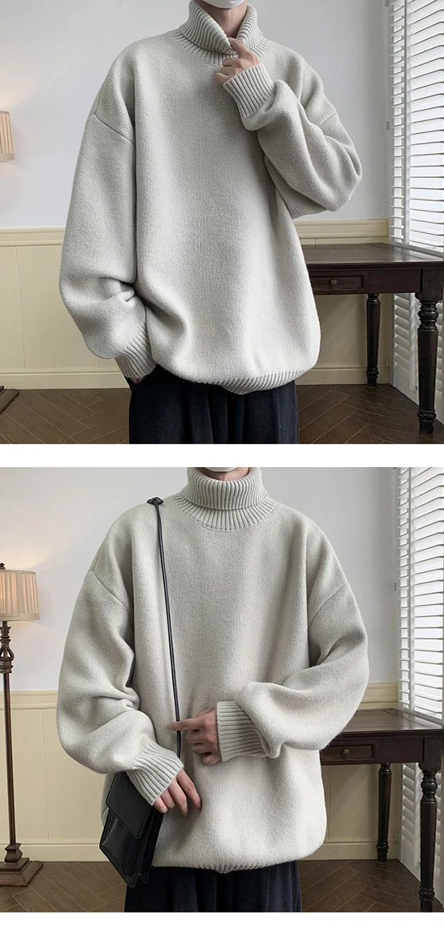 Men's Grey High-Neck Relaxed Sweater Detail