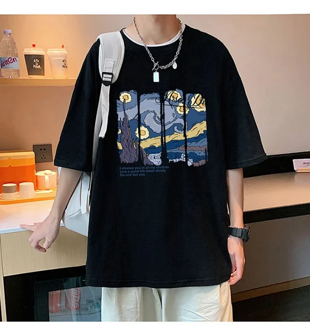 Starry Night Men's Loose Cotton T-Shirt Detail