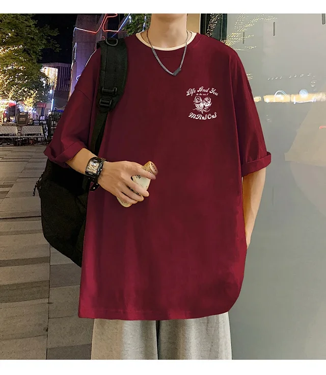 Unisex Burgundy Cotton Rose Print Tee Detail
