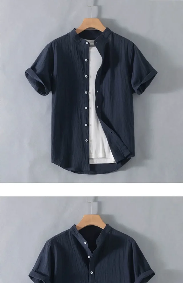 Men's Summer Cotton-Linen Retro Stand-Collar T-Shirt Detail
