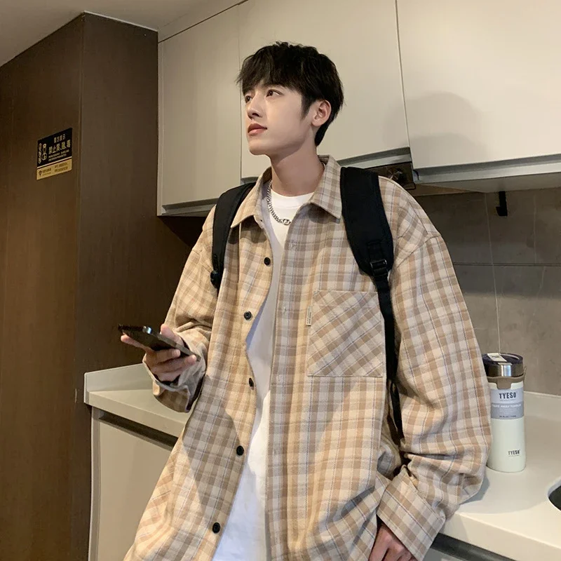 Japanese-Style Men's Cotton Oversize Plaid Shirt