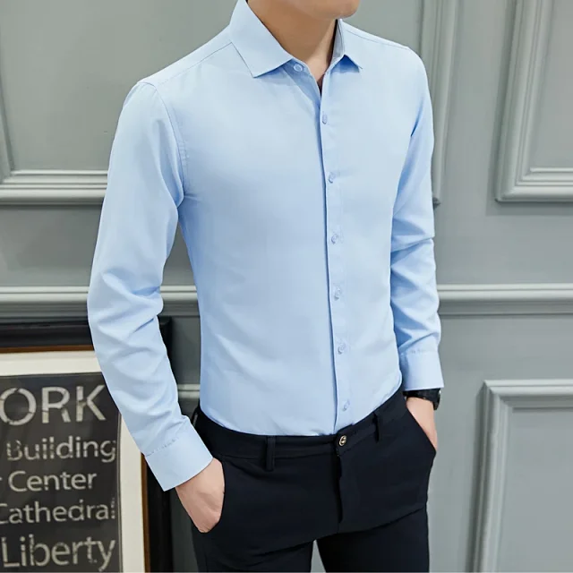 Men's Slim-Fit Long-Sleeve Korean White Shirt Detail