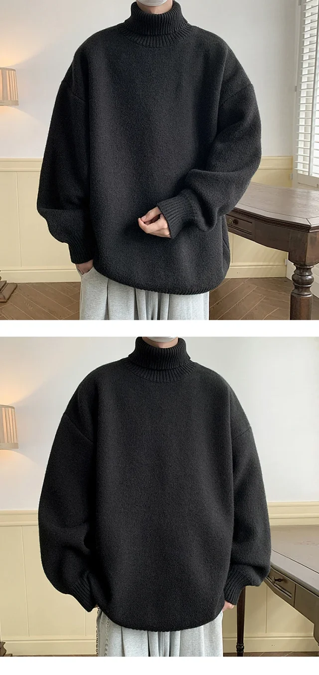 Men's Grey High-Neck Relaxed Sweater Detail