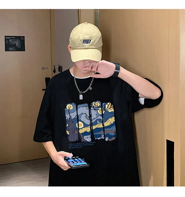 Starry Night Men's Loose Cotton T-Shirt Detail