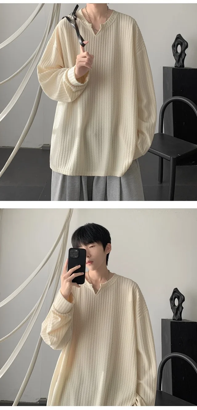 Men's High-Street V-Neck Heavyweight Sweatshirt White Detail