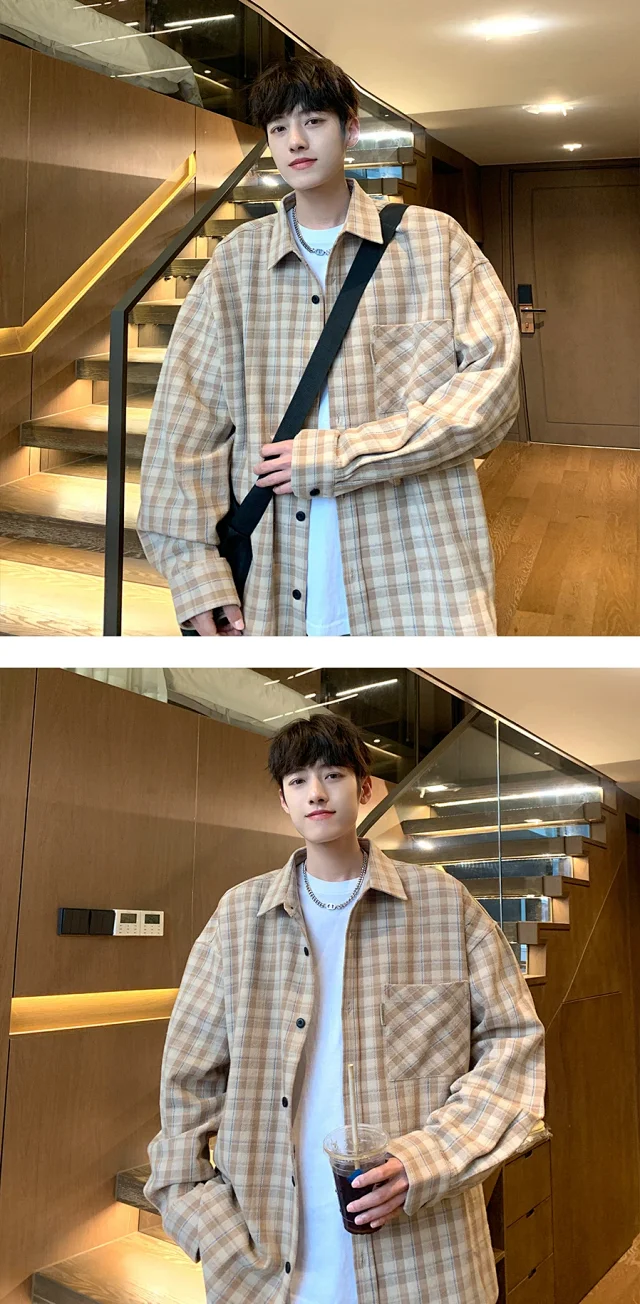 Japanese-Style Men's Cotton Oversize Plaid Shirt Detail