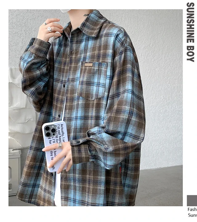 Men's Japanese Brushed Plaid Warm Shirt Jacket Detail