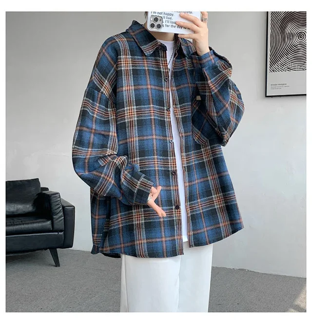 Men's Japanese Brushed Plaid Warm Shirt Jacket Detail