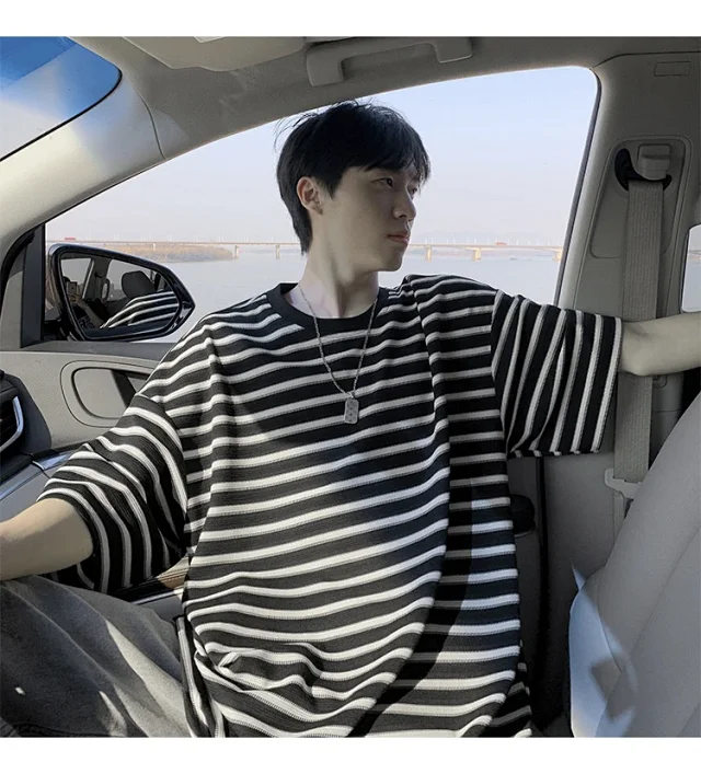 Premium Men's Black White Striped Tee Detail