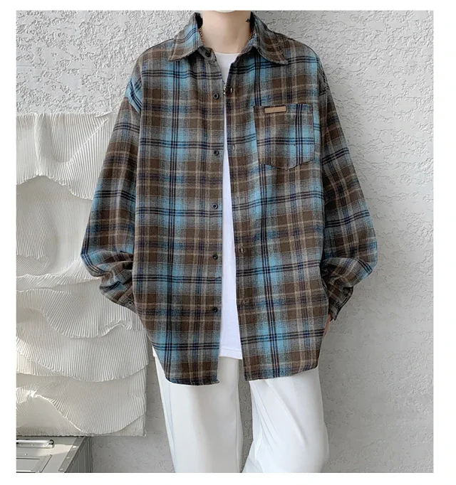 Men's Japanese Brushed Plaid Warm Shirt Jacket Detail