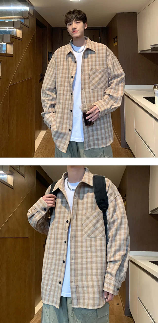 Japanese-Style Men's Cotton Oversize Plaid Shirt Detail