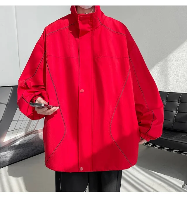 Men's Burgundy Hip-Hop Hooded Bomber Jacket Detail