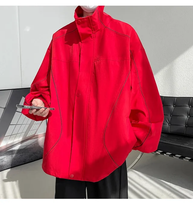 Men's Burgundy Hip-Hop Hooded Bomber Jacket Detail