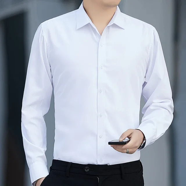Men's Slim-Fit Wrinkle-Free White Shirt Detail