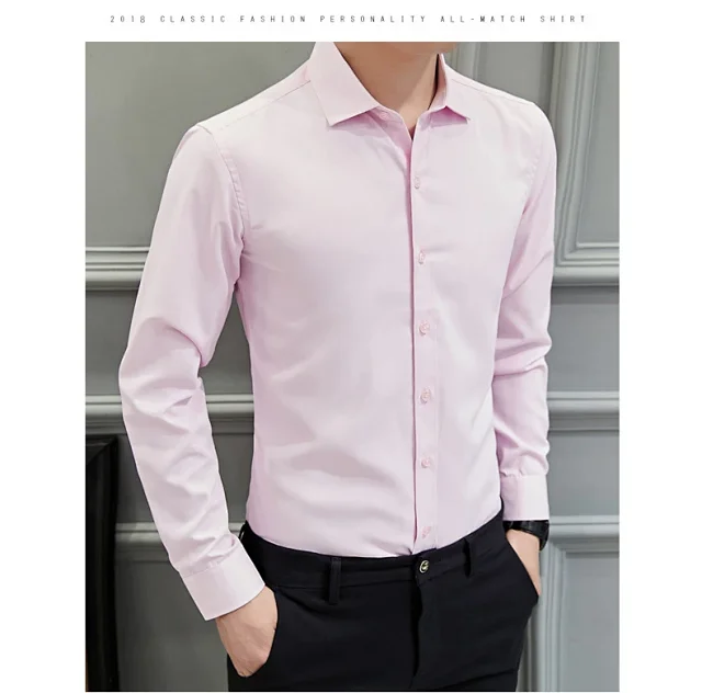 Men's Slim-Fit Long-Sleeve Korean White Shirt Detail