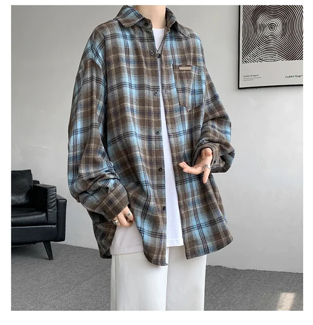 Men's Japanese Brushed Plaid Warm Shirt Jacket Detail