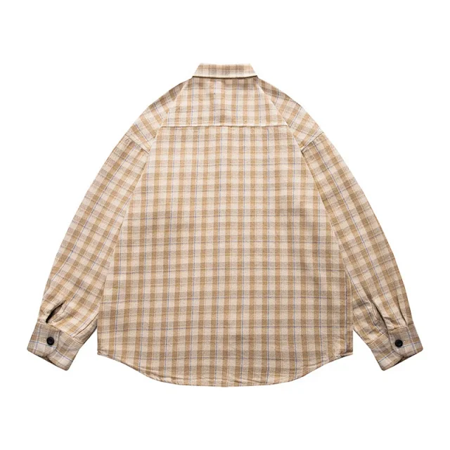 Japanese-Style Men's Cotton Oversize Plaid Shirt Detail