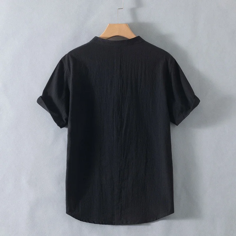 Men's Summer Cotton-Linen Retro Stand-Collar T-Shirt