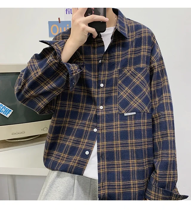 Men's Casual Retro Brushed Plaid Overshirt Detail