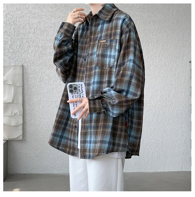 Men's Japanese Brushed Plaid Warm Shirt Jacket Detail