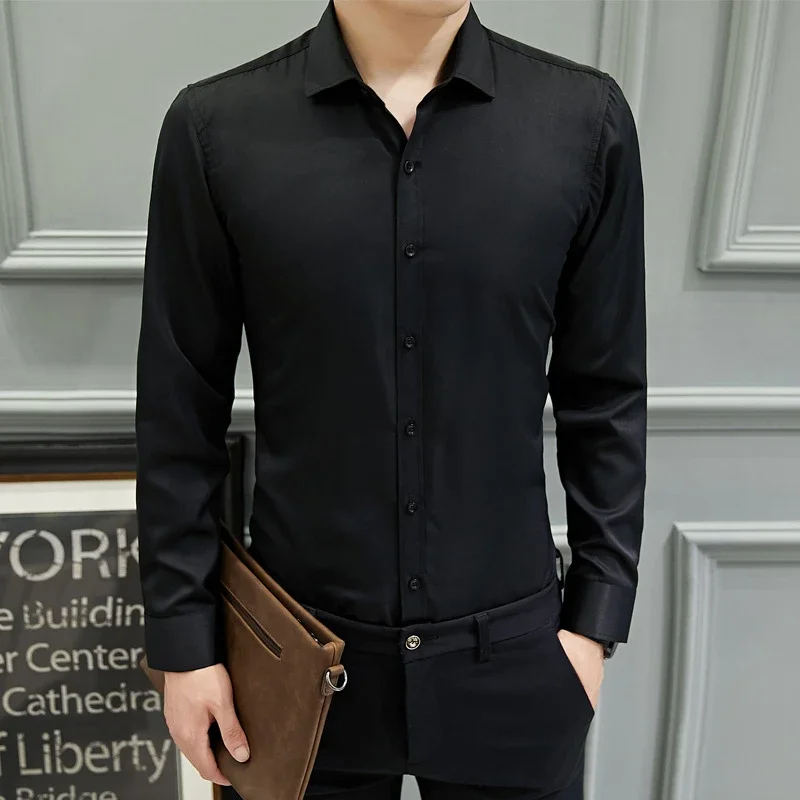Men's Slim-Fit Long-Sleeve Korean White Shirt