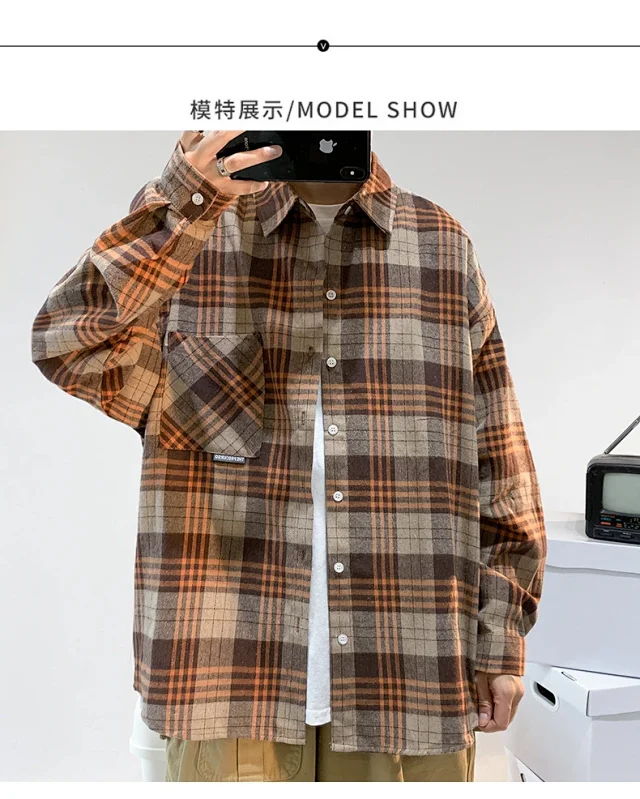 Men's Casual Retro Brushed Plaid Overshirt Detail