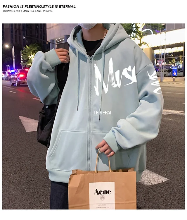 Men's Casual Zip Hoodie Letter Print Detail