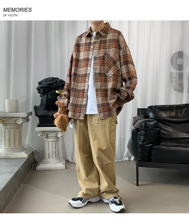 Men's Casual Retro Brushed Plaid Overshirt Detail