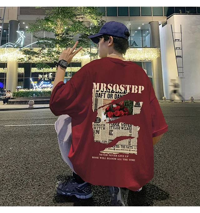Men's Oversized Cotton Tee 2025 Rose-Print Detail