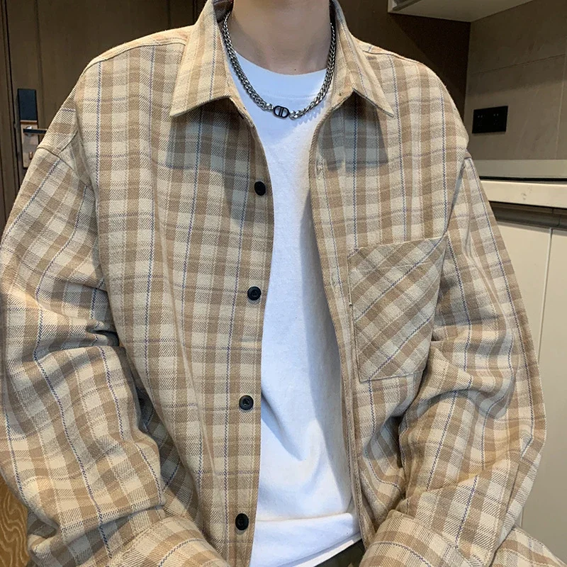 Japanese-Style Men's Cotton Oversize Plaid Shirt
