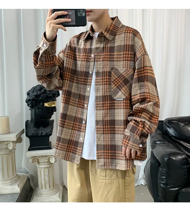 Men's Casual Retro Brushed Plaid Overshirt Detail