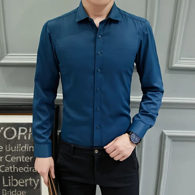 Men's Slim-Fit Long-Sleeve Korean White Shirt Detail