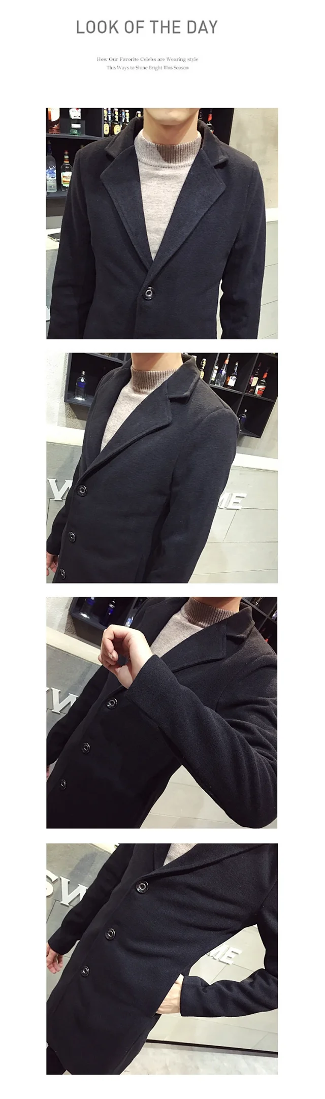 Men's Korean Slim Mid-Length Wool Coat Detail