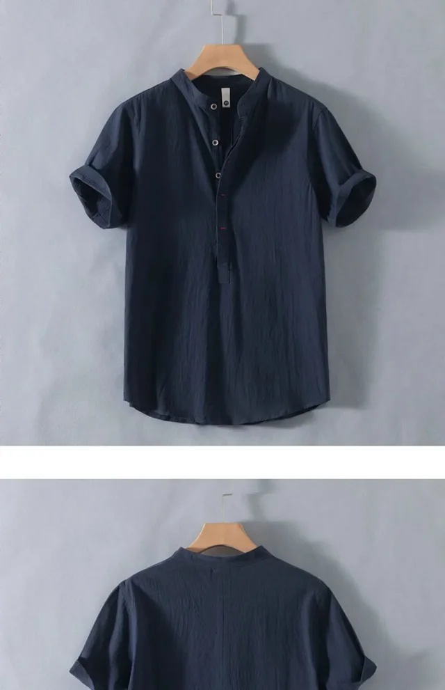 Men's Summer Cotton-Linen Retro Stand-Collar T-Shirt Detail
