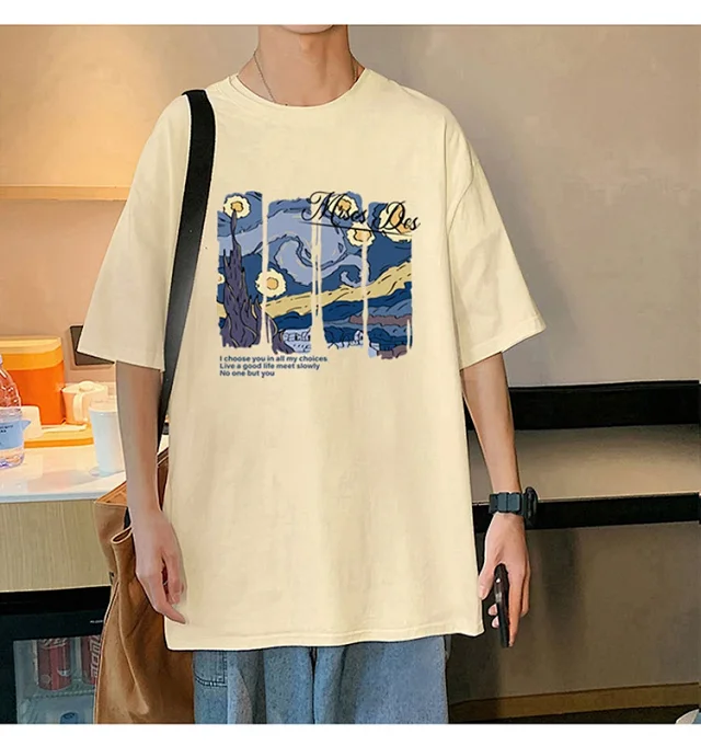 Starry Night Men's Loose Cotton T-Shirt Detail