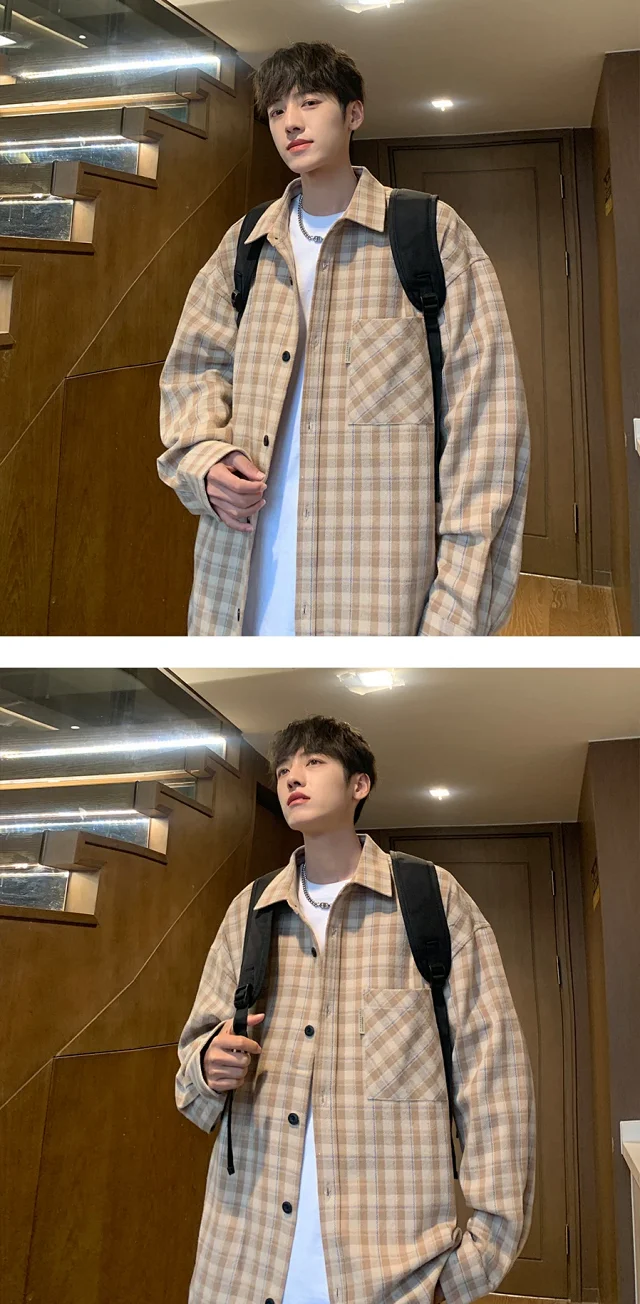 Japanese-Style Men's Cotton Oversize Plaid Shirt Detail